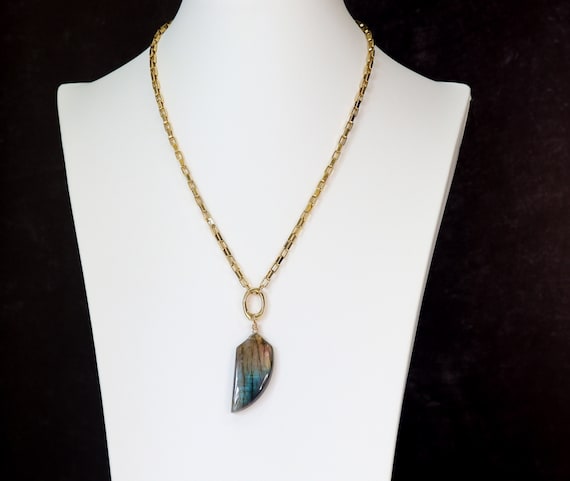 Large Labradorite Pendant Necklace with Thick Gold Box Chain and Charm Holder