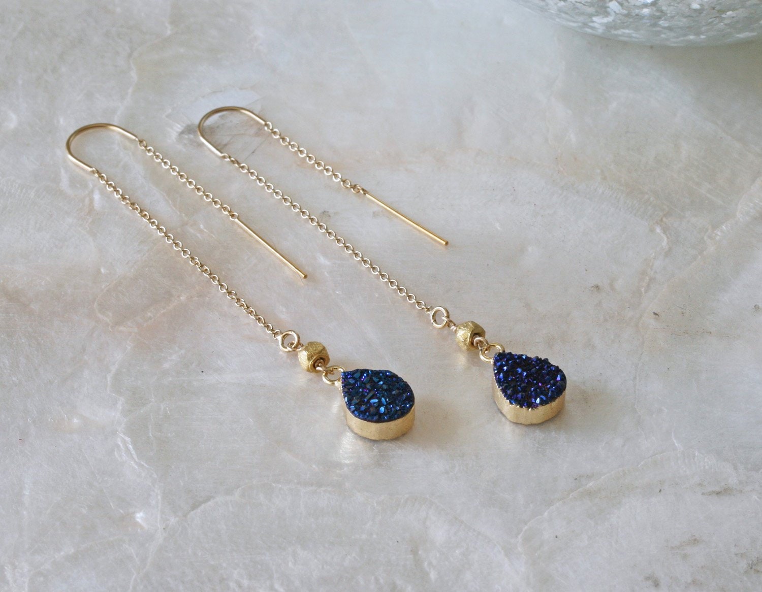 Blue Druzy Threader Earrings,