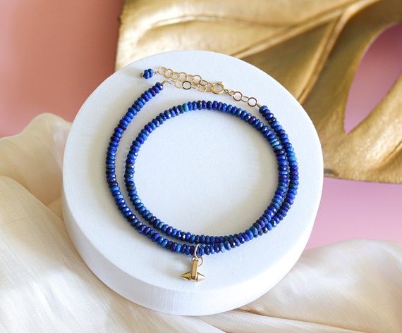 Faceted Blue Lapis Lazuli Gemstone Choker with Removable Gold Spike Charm