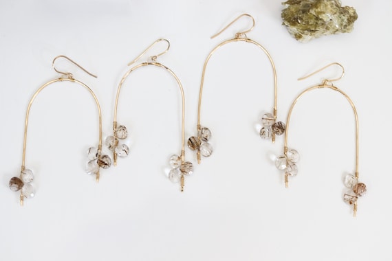 Gold Arch Earrings, Rutilated Quartz Earrings, Hammered Gold Earrings, 14k Gold Filled Earring