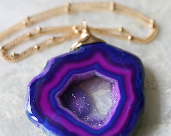 Purple Geode Slice Necklace, Blue Druzy Pendant, 14k Gold Filled Beaded Chain, Sterling Silver Geode Jewelry, Unique Gift for Her