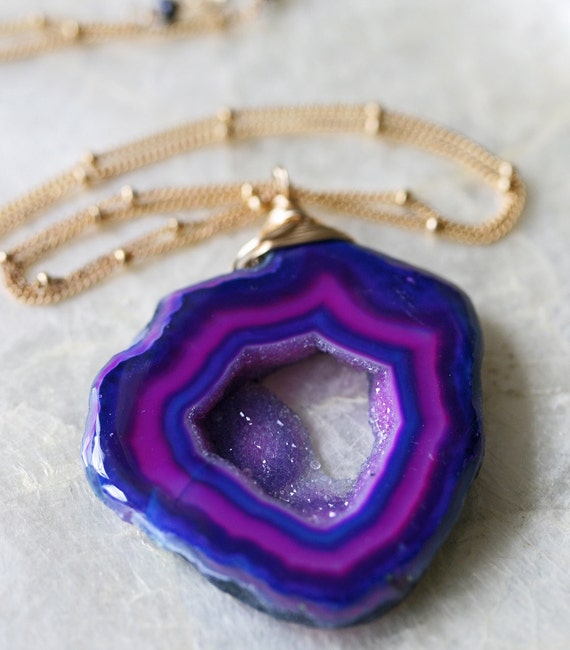 Purple Geode Slice Necklace, Blue Druzy Pendant, 14k Gold Filled Beaded Chain, Sterling Silver Geode Jewelry, Unique Gift for Her