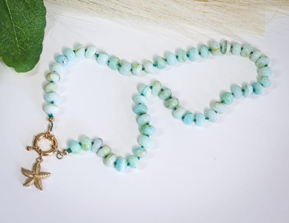 Peruvian Opal Beaded Necklace with Gold Clasp and Starfish Charm Pendant