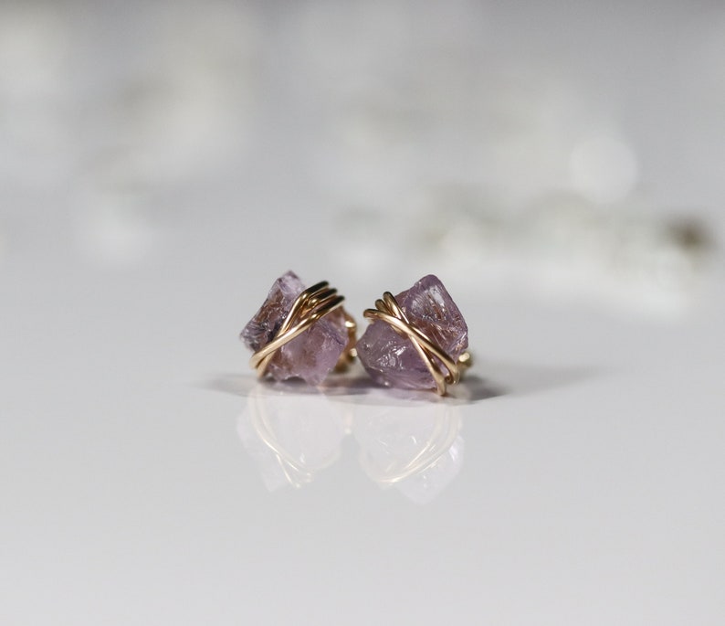 Raw Pink Amethyst Stud Earrings, Minimalist Earrings, Pink Crystal Earrings, February Birthstone, Birthday Gift, Sterling Silver, 14k Gold F image 2