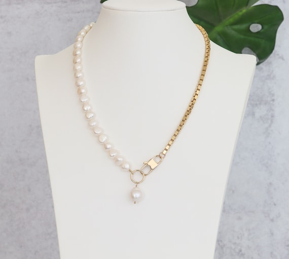 Asymmetrical Baroque Pearl and Gold Box Chain Necklace with Statement Clasp