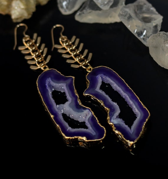 Long Dark Purple Agate Geode Slice Earrings on Gold Fishbone Style Chain