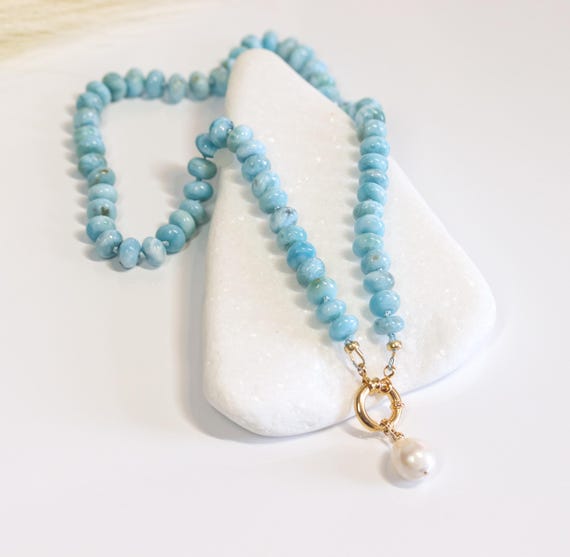 Ocean Blue Larimar Necklace with Gold Charm Holder