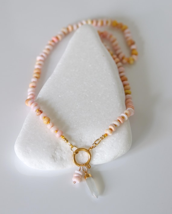 Pink Opal Beaded Necklace, Knotted Gemstone Jewelry, Gold Charm Holder, Front Clasp, Charm Necklace, Summer Layering Necklace, Gift for Her