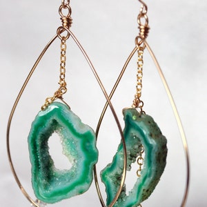 Green Geode Hoop Earrings, Geode Slice Earrings, Druzy Hoop Earrings image 3
