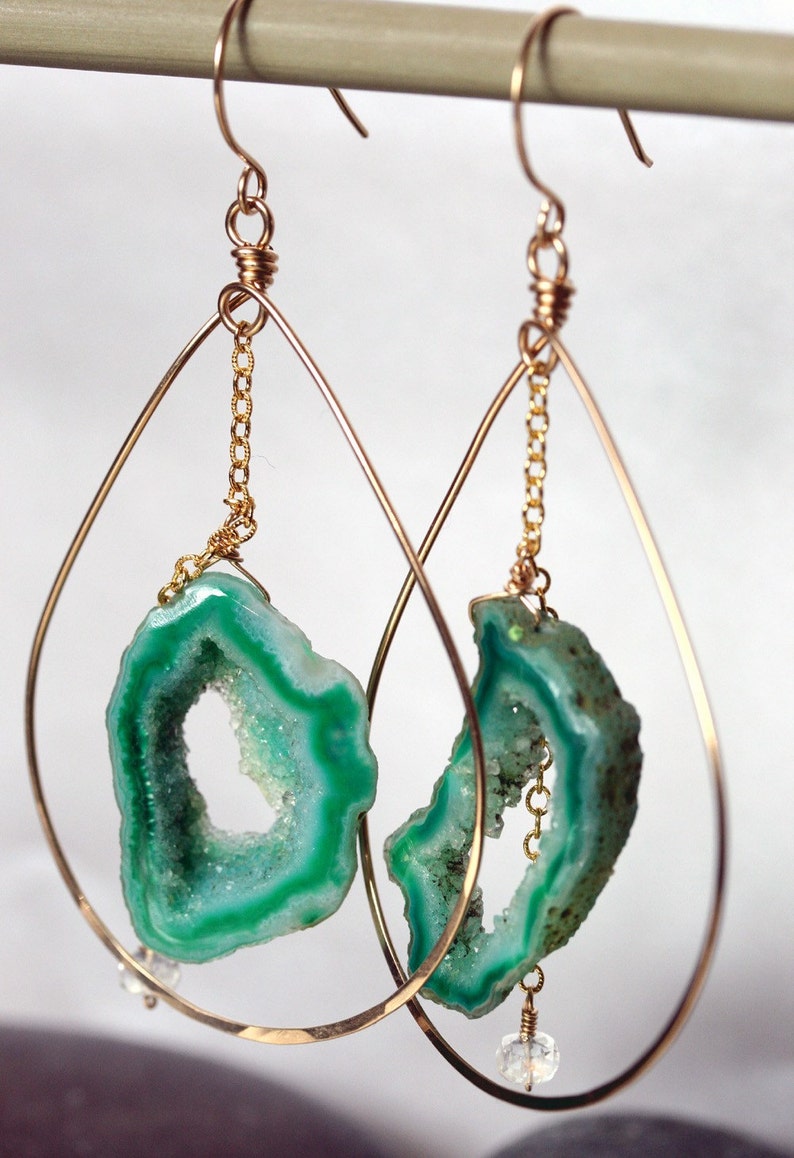 Green Geode Hoop Earrings, Geode Slice Earrings, Druzy Hoop Earrings image 3