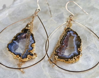 Druzy Earrings -  Large Hoop Earrings - Geode Earrings - Dark Grey Brown Druzy Earrings - Drusy Earrings - Hammered Hoop Earrings