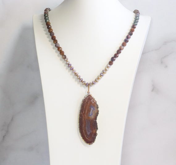 Long Agate Pendant Necklace with Beaded Gemstone Chain