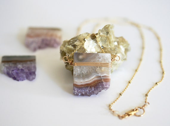 Gold Amethyst Slice Necklace with Crystals