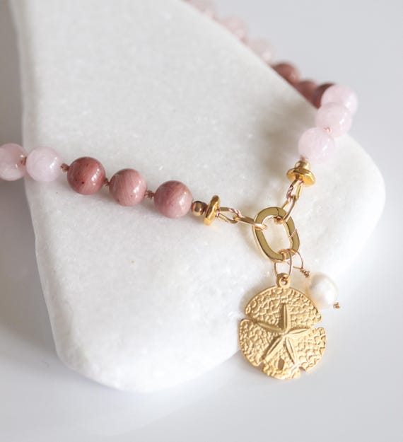 Morganite Rose Quartz Necklace, Pink Gemstone Strand, Hand Knotted Beaded Jewelry, Gold Clasp Pendant Necklace, Charm Holder