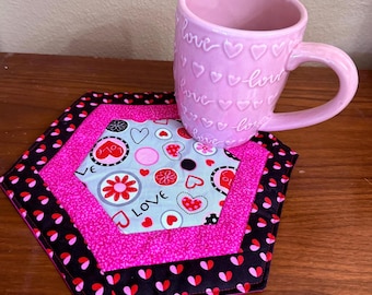 Handmade Hexagon Mug Rug and Hotpad | Coffee Tea Gift | Valentine&#39;s Gift | Quilted Gift for Her