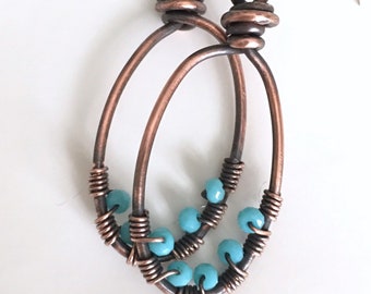 Copper Hoop Earrings with Turquoise Beads / Wire Wrapped Earrings