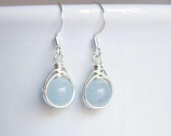 Love Knot Earrings with Aquamarine Beads / Wire Wrapped Earrings / Blue Drop Earrings