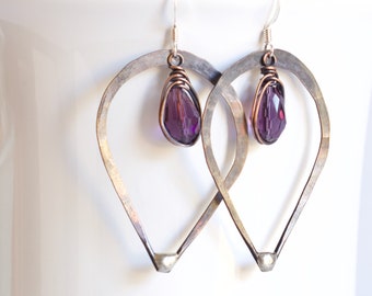 Mixed Metal Hoop Earrings / Purple Glass Earrings / Wire Wrapped Earrings / Copper Earrings