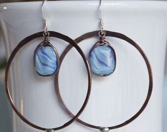 Mixed Metal Hoop Earrings / Light Blue Czech Glass / Geometric Earrings / Copper Earrings