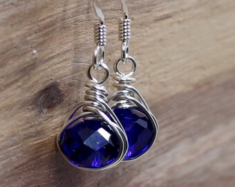 Love Knot Earrings with Royal Blue Bead / Wire Wrapped Earrings