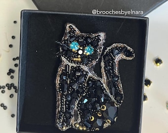 Handmade Black Cat Brooch, Sparkling Beads, Gemstones