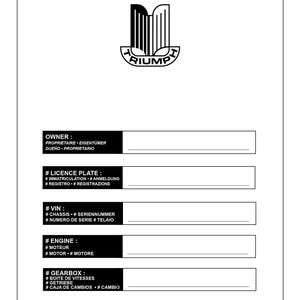Puede incluir: Formulario en blanco y negro con la palabra "Triumph" en un &oacute;valo blanco. El formulario tiene campos para la informaci&oacute;n del propietario, la matr&iacute;cula, el VIN, el motor y la caja de cambios.