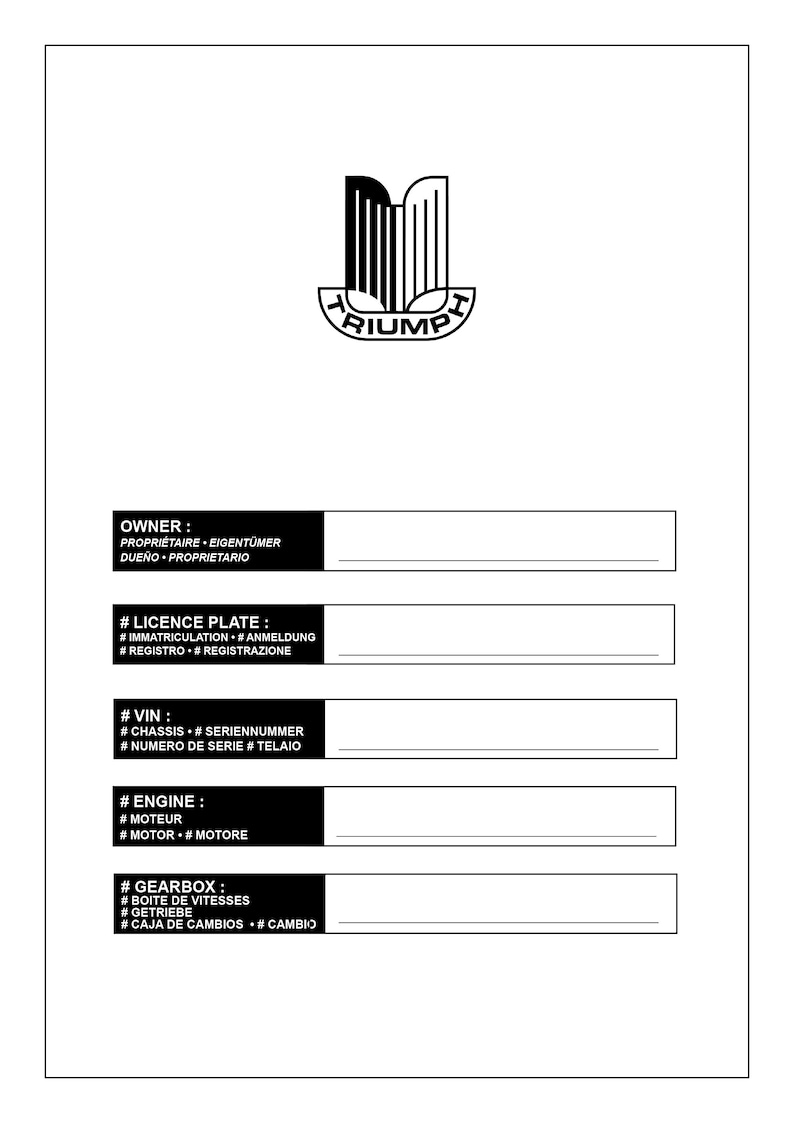 Puede incluir: Formulario en blanco y negro con la palabra "Triumph" en un &oacute;valo blanco. El formulario tiene campos para la informaci&oacute;n del propietario, la matr&iacute;cula, el VIN, el motor y la caja de cambios.