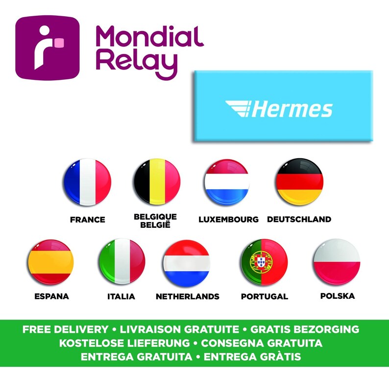 May include: Image features the Mondial Relay and Hermes logos, along with flags of France, Belgium, Luxembourg, Germany, Spain, Italy, Netherlands, Portugal, and Poland. A banner at the bottom reads "Free Delivery".