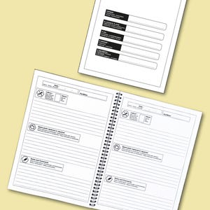 May include: Two white spiral-bound notebooks with black text and line drawings. One notebook is open, displaying lined pages with sections for labor, spare parts, and notes. The other notebook has sections for owner, license plate, VIN, engine, and gearbox.