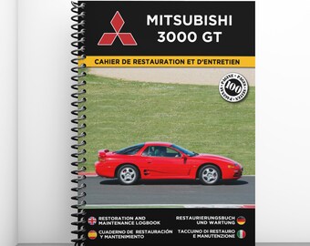 Puede incluir: Un cuaderno de restauración y mantenimiento Mitsubishi 3000 GT con encuadernación en espiral que muestra un coche deportivo rojo en una pista. La portada incluye el logo de Mitsubishi, el texto 100 PÁGINAS y títulos multilingües de registro.