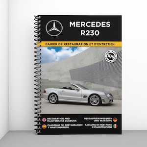 Può includere: Un taccuino di restauro e manutenzione a spirale per Mercedes R230 con un'auto decappottabile argentata sulla copertina. La copertina include il logo Mercedes, il testo 'MERCEDES R230' e un badge circolare che indica 100 pagine.