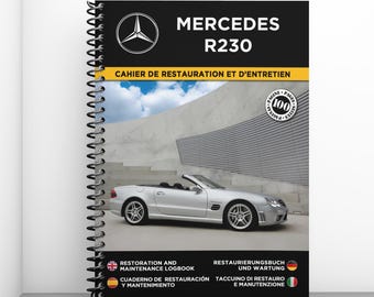 May include: A spiral-bound Mercedes R230 restoration and maintenance logbook featuring a silver convertible car on the cover. The cover includes the Mercedes logo, the text 'MERCEDES R230', and a circular badge indicating 100 pages.