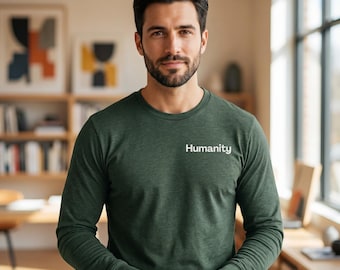 Humanity Chest Text Lightweight Sweatshirt, Minimalist Social Message Long Sleeve Graphic Tee