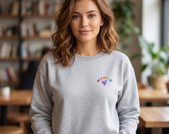 Human Rainbow Heart Sweatshirt | Small Chest Print Pullover | Unisex Cozy Hoodie | Gift for Her Him | Pride Love Sweater