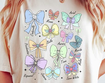 Camisa de princesas Disney con acuarela y lazos de coqueta retro, camisa de Disney Aurora, Ariel, Bella, Cenicienta, Tiana, viaje de niña a Disneyland Magic Kingdom