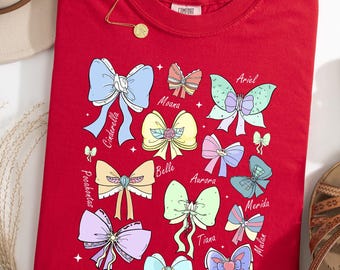 Comfort Colors® Retro Coquette Bow Disney Princess Shirt, Disney Aurora Ariel Belle Cinderella Tiana Shirt, Magic Kingdom Disney Girl Shirt