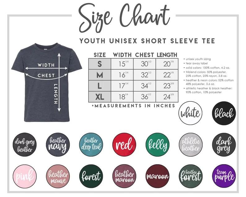 May include: Size chart for youth unisex short sleeve t-shirts. The chart shows width, chest, and length measurements in inches for sizes S, M, L, and XL. The chart also includes a list of available colors, including heather navy, heather deep teal, red, kelly, athletic heather, dark grey heather, pink, heather mauve, forest, heather maroon, maroon, heather forest, and team purple.