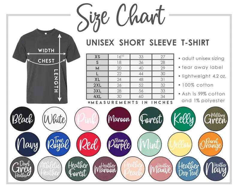 May include: Size chart for unisex short sleeve t-shirts. The chart shows measurements in inches for width, chest, and length. The chart includes sizes XS to 4XL. The chart also lists the different colors available for the t-shirts, including black, white, pink, maroon, forest, kelly green, navy, royal, red, purple, mint, yellow, burnt orange, dark grey heather, athletic heather, heather forest, heather maroon, heather peach, heather mauve, heather deep teal, and heather navy.