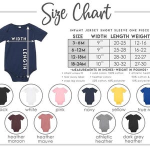 K&ouml;nnte beinhalten: Gr&ouml;&szlig;entabelle f&uuml;r Baby-Jersey-Bodysuits mit kurzen &Auml;rmeln. Enth&auml;lt Ma&szlig;e in Zoll und Gewicht in Pfund f&uuml;r die Gr&ouml;&szlig;en 3-6M, 6-12M, 12-18M und 18-24M. Verf&uuml;gbare Farben: Schwarz, Wei&szlig;, Rosa, Marine, Gelb, K&ouml;nigsblau, Heather Maroon, Heather Mauve, Athletic Heather und Dark Grey Heather.