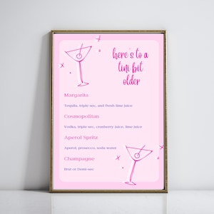 A Tini Bit Older Edytowalne Różowe Menu Koktajlowe | Drukowalny Znak Baru Urodzinowego | Znak Napoju Wieczór Panieński | Szablon Menu Napojów z Podpisem Cyfrowym