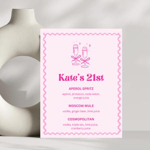Letrero de mesa para bar de champán, menú imprimible de bebidas de autor, plantilla editable para despedida de soltera, para fiesta rosa y sexy.