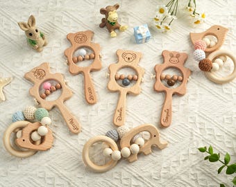Hochet personnalisé pour bébé, hochet en bois personnalisé, hochet gravé avec grelots, jouets sensoriels, cadeau de baby shower, cadeau de nouveau-né, jouets Montessori