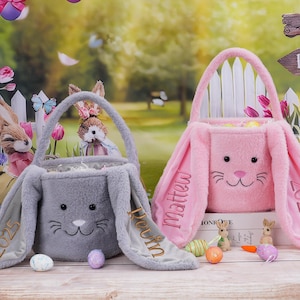 Personalized Plush Easter Basket,Embroidered Easter Bunny Basket,Custom Easter Basket with Name,Easter Gift for Kids Girls Boys,Easter Decor