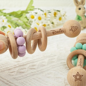 Personalized Baby Rattle,Custom Wooden Baby Rattle,Engraved Rattle with Name,Sensory Toys for Baby,Baby Shower Gift,Custom Newborn Gifts