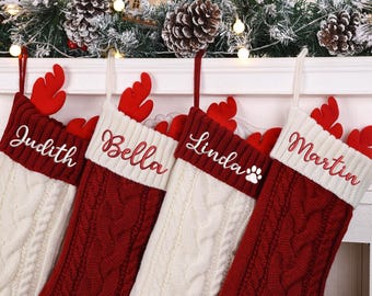 Personalized Christmas Stockings,2025 Family Embroidered Christmas Stocking,Knitted Stockings with Antlers,Holiday Stockings,Christmas Decor