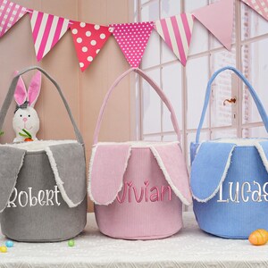 Benutzerdefinierte Kinder Osterkorb, gestickter Hase Korb, Cord Osterkorb, personalisierte Ostertasche mit Namen, Ostergeschenke für Kinder Jungen Mädchen