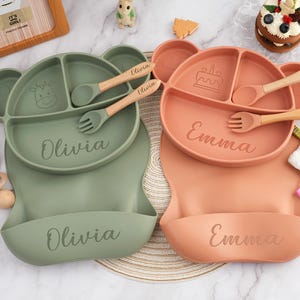 Juego de destete de silicona para bebés, babero de silicona grabado, juego de platos de dibujos animados para bebés, juego de alimentación para niños pequeños, babero con bandeja separadora, regalos para baby shower