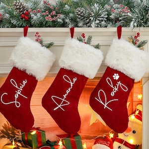 Personalized Plush Red Christmas Stocking, Wine Velvet, Sherpa Cuff, Family Xmas Decor image 2