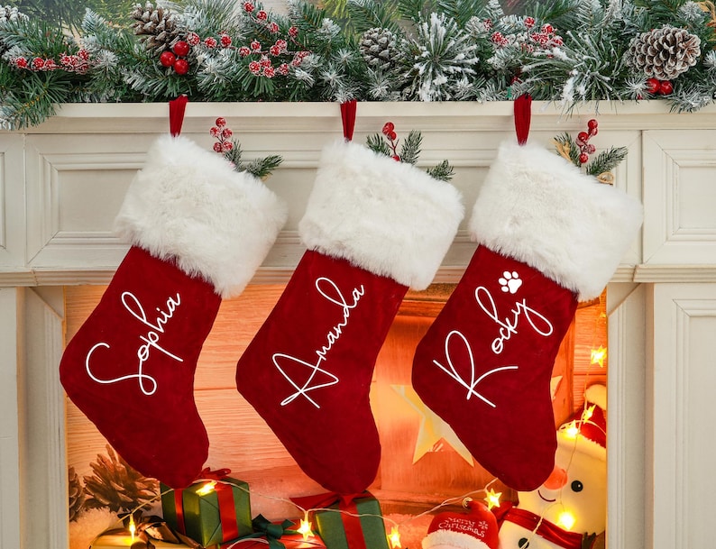 Personalized Plush Red Christmas Stocking, Wine Velvet, Sherpa Cuff, Family Xmas Decor image 2