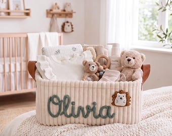 Personalized Corduroy Baby Storage Basket, Embroidered Name Nursery Organizer,Christmas Gift